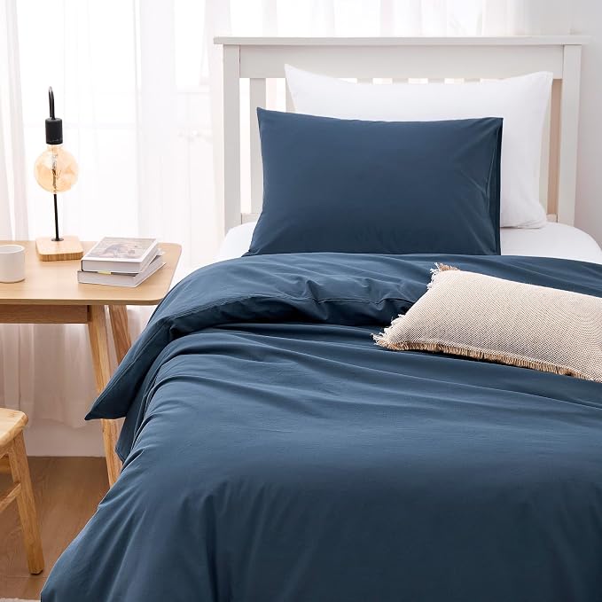 Wake In Cloud - Cotton Duvet Cover Set, 100% Washed Cotton, Linen Like Textured, Breathable Durable Comfy Farmhouse Neutral Bedding Set, 3 Pieces, Navy Blue, Twin/Twin XL Size