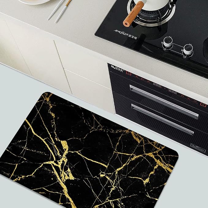 Diatomaceous Earth Bath Mat,Black Gold Marble Non-Slip Volume Super Absorbent Fast Drying for Bathroom Kitchen Door mat,Eco-Friendly Easy to Clean 17×27.5Inch (43 * 70cm)