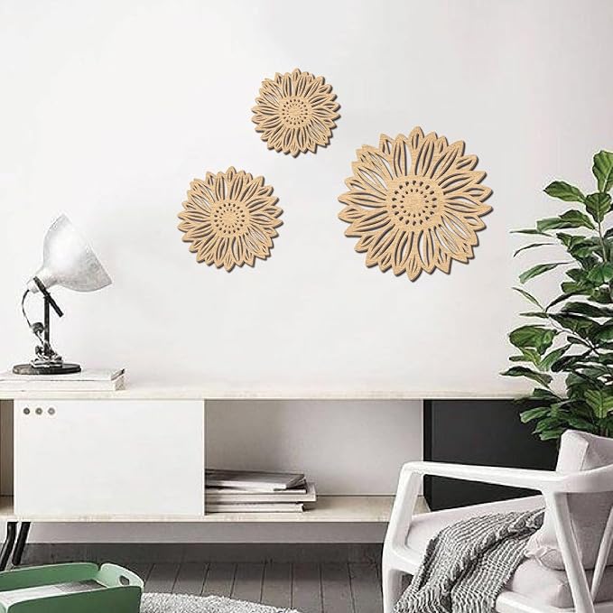 CREATCABIN 3Pcs Flowers Wood Wall Decor Wooden Sunflower Wall Art Decoration Hanging Set Hollowing Out Round Flower Sculpture Laser Cut Wooden Sign Ornament for Home Bedroom Gallery Office