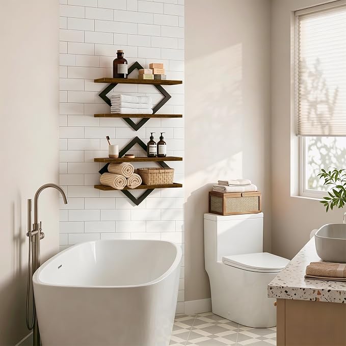 Geometric Floating Shelves Set of 2, Rustic Wall Shelves for Bedroom, Living Room & Apartment Decor, Wood & Metal Farmhouse Display Shelf for Plants, Picture Frames & Small Decor, 15 Inch