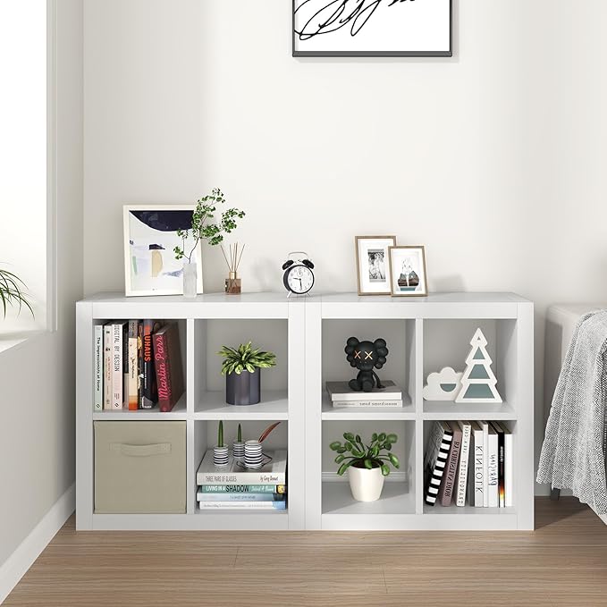 furtble 4-Cube Storage Organizer Bookshelf, 2-Pack Modern Wood Open Bookcase, Multifunctional Display Shelf for Living Room, Bedroom, Home Office, White