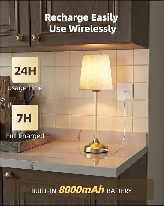 Battery Operated Lamp, 8000mAh, Ambient Light, Touch Control, Dimmable, Portable, 2700K, LED, Wireless, Rechargeable, Battery Operated, Desk Lamp, Kitchen Lamp, Fabric Shade, for Dining Room, Bedroom