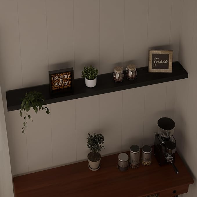 IEO Long Wooden Floating Shelves for Room Wall, Natural Wood Floating Shelves Wall Mounted Kitchen Shelf for Living Room, Bedroom, Kitchen,Bathroom, Storage (Black, 48in 1tier)