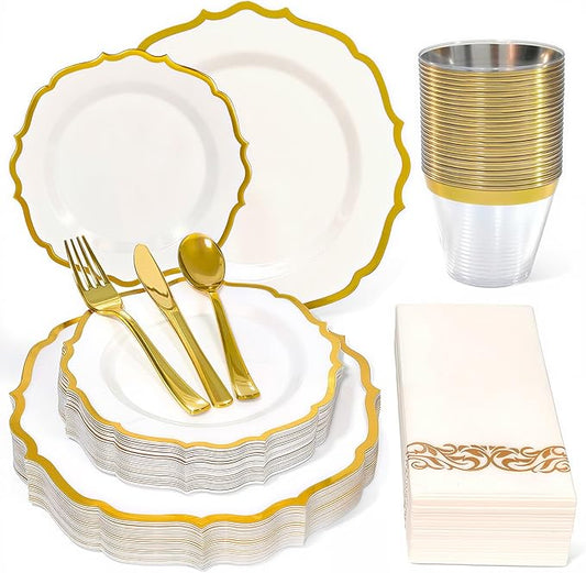 175 Plastic Dinnerware Set Gold Disposable Dinnerware Set for 25 Guests Include 50 Plastic Plates 25 Silverware Set 25 Cups and 25 Napkins for NewYear Party Wedding Birthday