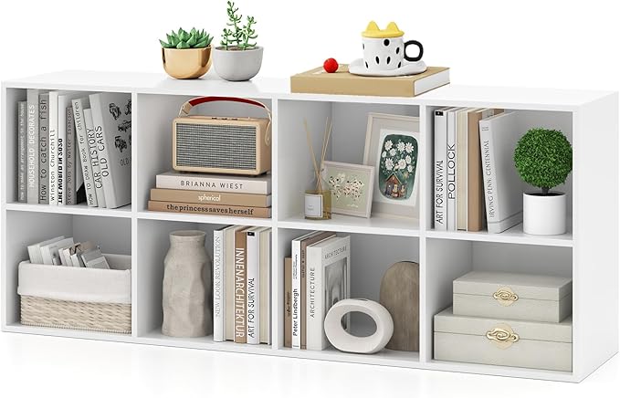 DREAMADE 8 Cube Storage Organizer, 2 Tier Multipurpose Display Shelf w/Open Storage & 2 Anti-Tipping Kits, 8-Cube Wooden Bookcase for Living Room, Bedroom, Study, Home, Office (White)