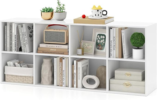 DREAMADE 8 Cube Storage Organizer, 2 Tier Multipurpose Display Shelf w/Open Storage & 2 Anti-Tipping Kits, 8-Cube Wooden Bookcase for Living Room, Bedroom, Study, Home, Office (White)