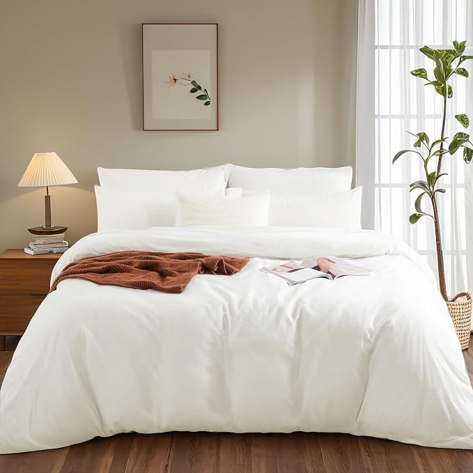 NEXHOME PRO Twin Duvet Cover Set 100% Certified Organic Cotton with Washed Feel & Linen-Like Texture, Comfortable & Breathable, Home Bedding Set Bright White (No Comforter)