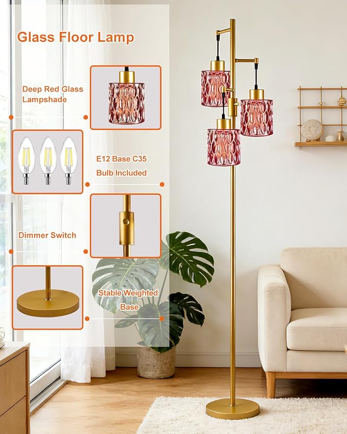 3-Light Modern Glass Floor Lamp, Gold Standing Tall Lamp with Deep Red Cylinder Glass Shade for Reading, Dimmable LED Floor Lamp with 5Lbs Heavy Base for Living Room Bedroom Home Decor, Bulb Included