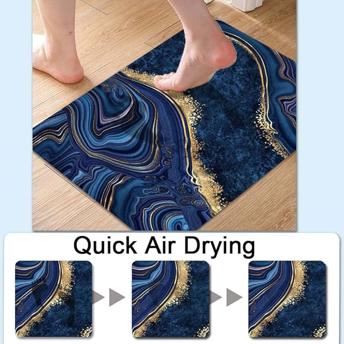 Bath Mat Rug,Dark Blue Gold Marble Non Slip Quick Dry Super Absorbent Thin Bathroom Rugs Fit Under Door-Easy to Clean Bathroom Floor Mats-Shower Rug for Shower Sink Bathtub(20" x 31"in)
