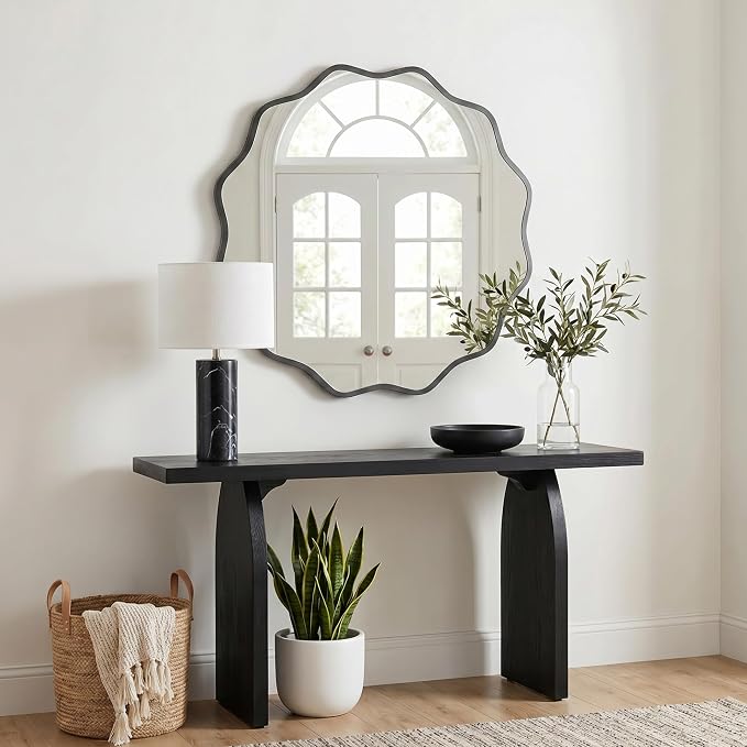 PERFNIQUE Black Scalloped Mirror, 30'' Round Wall Mirrors Wavy Wood Framed with Tempered Glass for Bathroom Nursery Bedroom Living Room Entryway, Decorative Modern Wall Decor