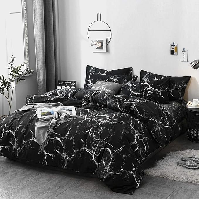 Pureant Black Marble Comforter Sets Full Black and White Marble Bedding Comforters Cotton Women Men Modern Aesthetic Black Quilt Comforter Set Full Size Abstract Black Marble Blankets Full Bedding