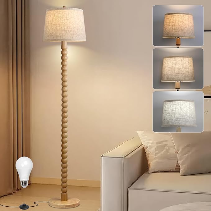 Real Wood Floor Lamp for Living Room,Real Wood Standing Lamp with 3 Color Changing Bulb Included, Tall Lamp with Linen Shade,Farmhouse Floor Lamp for Living Room,Bedroom,Corner,Dining Room and Office