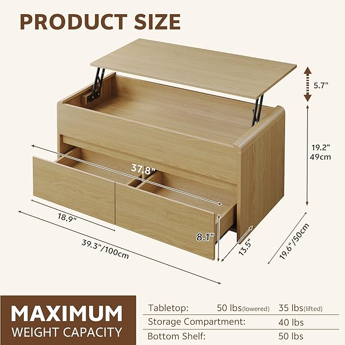Coffee Table Lift Top, 40 Inch Multi-Function Coffee Table with 2 Drawers, Hidden Compartment, Curved Profile Design, Converts to Home Office Table, Dining Table for Living Room, Natural
