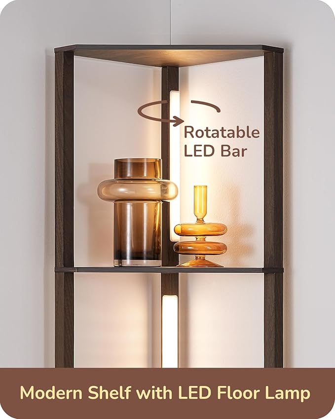 EDISHINE Dimmable LED Floor Lamp with Shelves, Corner Floor Lamps for Living Room, Corner Shelf with LED Light, 3CCT, Modern Standing Lamp, Floor Lamp for Bedroom, Office, Walnut