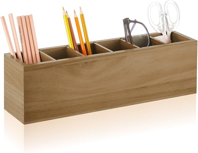 Jetec Wooden Pencil Pen Holder for Desk 6 Compartments Cosmetic Makeup Brush Stationery Office Desktop Organizers for Countertop Adjustable Silverware Caddy for Home and Party, Art Supplie(Wood Color)