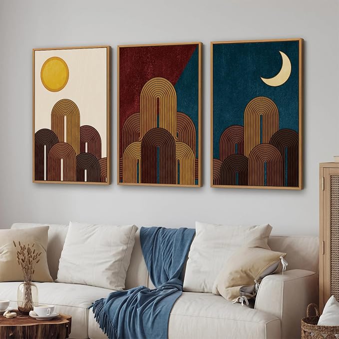 KaiWithYuan Mid Century Modern Framed Canvas Wall Art, Boho Minimalist Geometric Arch Wall Decor, Sun and Moon Art Paintings, Retro Abstract Mountains Artwork for Bedroom Living Room Office 16"x24"x3