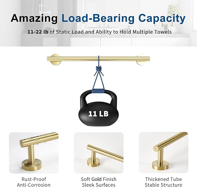 Brushed Gold Towel Bar, 24 Inch Towel Racks for Bathroom Wall Mounted, Thicken SUS304 Stainless Steel Heavy Duty Hand Towel Holder Organizer, Bathroom Accessories, Total Length 26.5 Inch