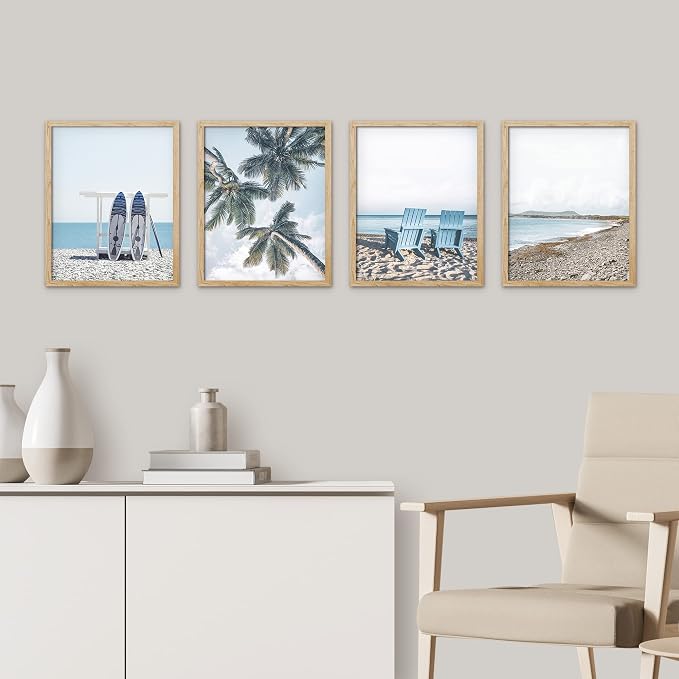 SIGNWIN Framed White Surfboard Tropical Palm Tree Beach Shore Wall Art, Set of 4 Landscape Colorful Wall Decor Prints, Nature Wilderness Wall Décor for Living Room, Bedroom - 12"x16" Natural