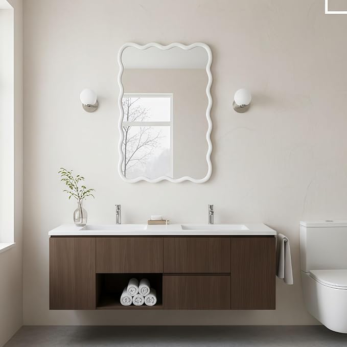 30x20 Inch Wooden Wavy Rectangle Wall Mirror, Modern Solid Wood Frame Decorative Accent Mirror for Bedroom, Bathroom, Living Room, Entryway, White