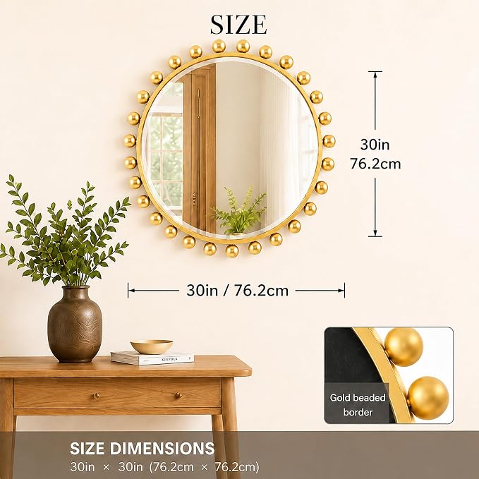30 Inch Round Wall Mirror with Antique Gold Ball Frame, Beveled Decorative Round Accent Mirror, Vintage Gold Sunburst Style Mirror for Bedroom, Living Room, Entryway, Hallway & Wall Decor