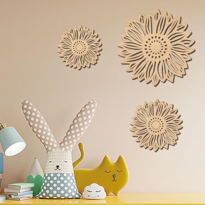 CREATCABIN 3Pcs Flowers Wood Wall Decor Wooden Sunflower Wall Art Decoration Hanging Set Hollowing Out Round Flower Sculpture Laser Cut Wooden Sign Ornament for Home Bedroom Gallery Office