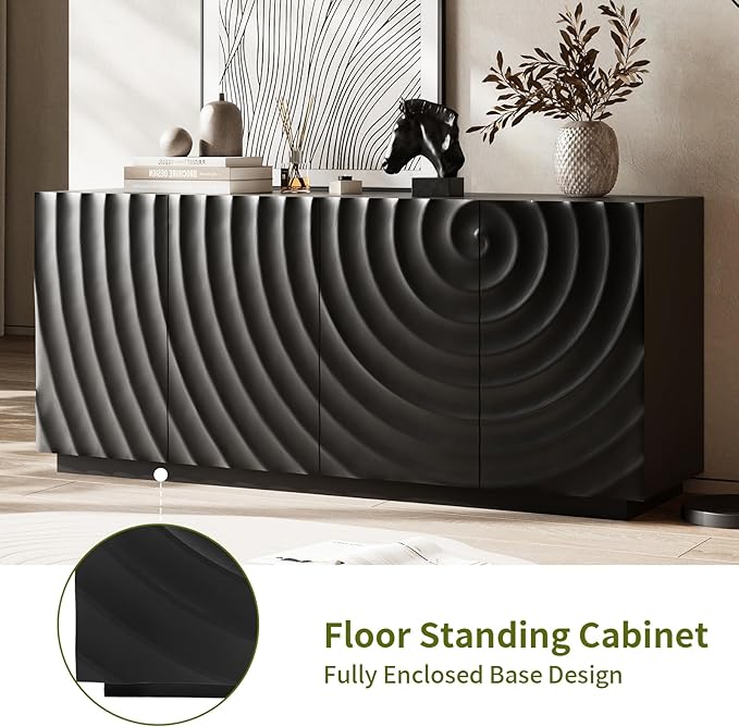 LKTART 59" Sideboard Buffet Cabinet with Storage, 4 Doors Modern Accent Storage Sideboard, Floor Cabinet Buffet with Spiral Grain for Kitchen, Living Room (Black)