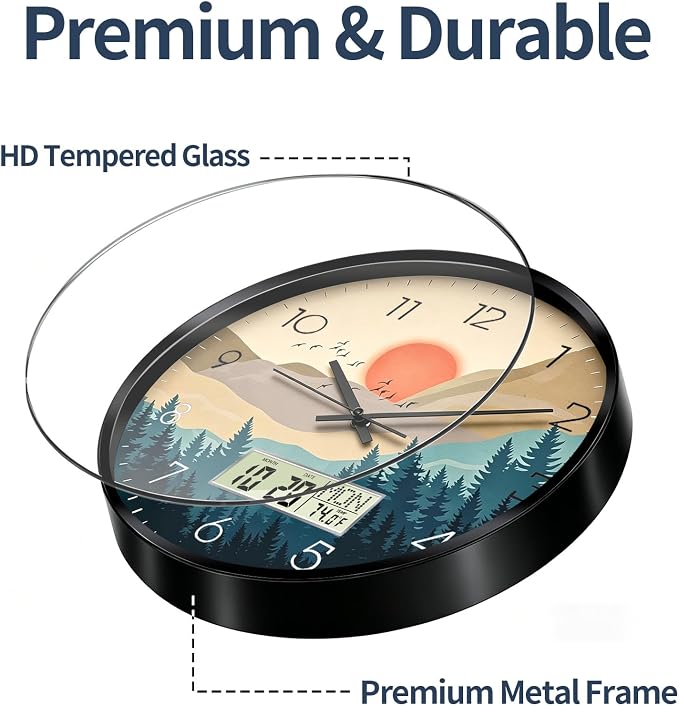 Wilderness Sunset Wall Clock, 12 Inch Silent Non-Ticking Battery Operated Analog Clock with LCD Date Day Temp Display, Decorative for Living Room, Bedroom, Kitchen, Office, Farmhouse, Cabin