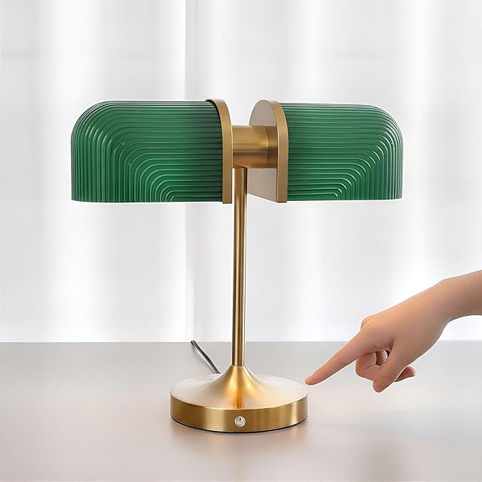Vintage Milk Glass Bankers Desk Lamp - Dimmable Touch Control Bedside Lamp with USB A+C Charging Ports, for Bedroom Nightstand & Living Room, Bulb Included (Green)