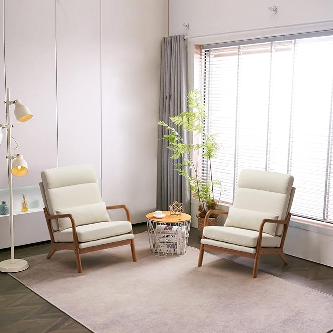 Bonnlo High Back Beige Accent Chairs Set of 2, Upholstered Mid Century Modern Lounge Fabric Chairs Reading Chairs Side Sitting Chair Solid Wood Farmhouse Armchairs for Living Room, Bedroom, Guest Room