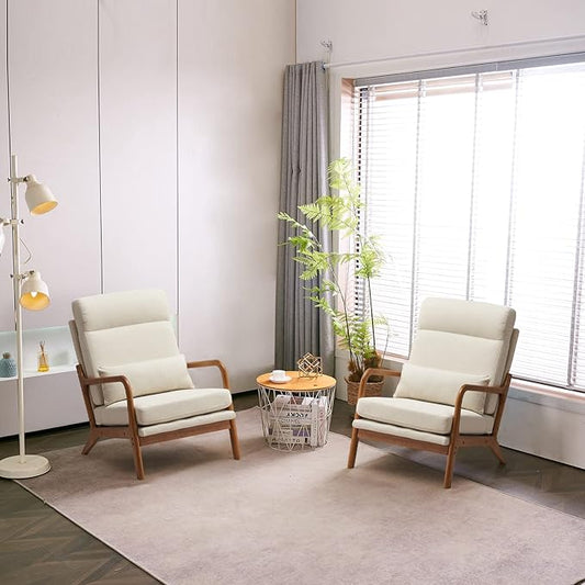 Bonnlo High Back Beige Accent Chairs Set of 2, Upholstered Mid Century Modern Lounge Fabric Chairs Reading Chairs Side Sitting Chair Solid Wood Farmhouse Armchairs for Living Room, Bedroom, Guest Room