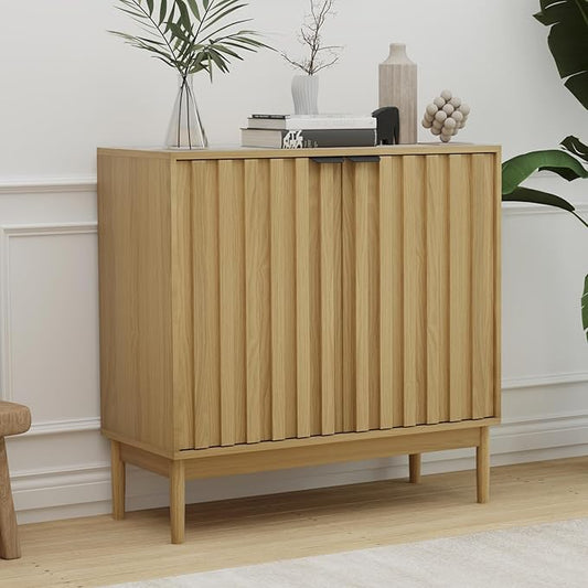 Fluted Cabinet with Storage, Buffet Cabinet Sideboard with Door, Kitchen Buffet Storage Accent Cabinets with Adjustable Shelves for Living Room, Entry, Hallway, Natural