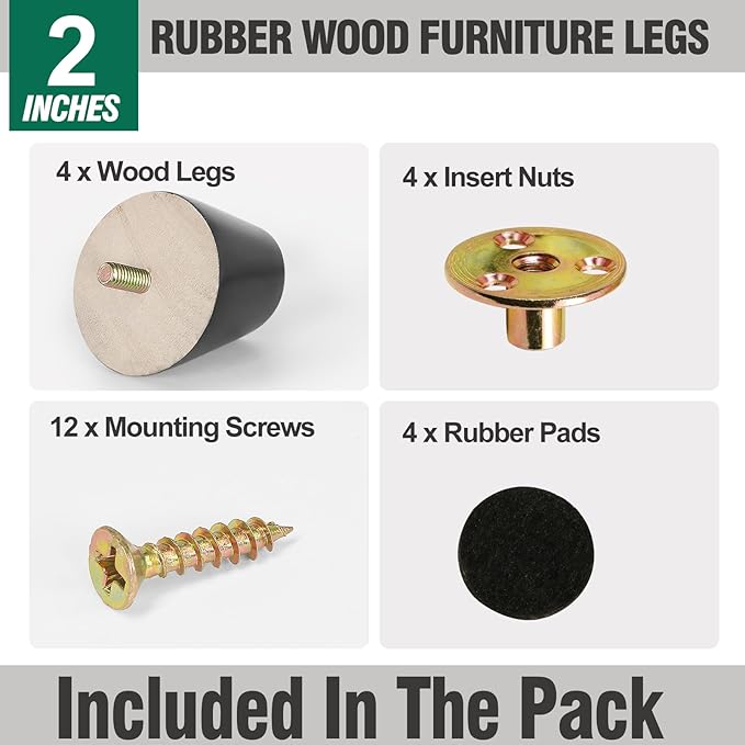FoDau770 Black Rubber Wood Furniture Legs 2 Inches, Slant Tapered Wood Feet Mid Century Sofa Legs Set of 4, 5/16" UNC Furniture Feet Replacement Parts for Cabinet Couch Dresser Chair Ottoman Table