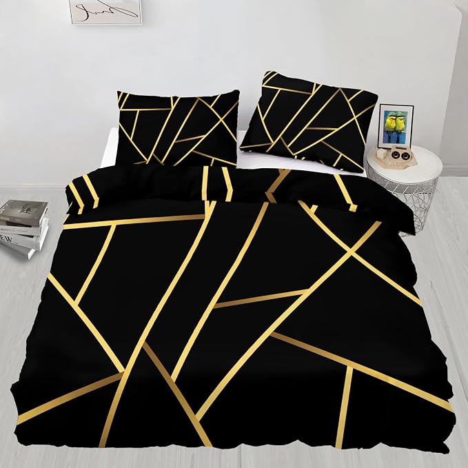 Geometric Duvet Cover Oversized King, Abstract Modern Geometric Stripes Bedding Set 3 Piece, Black Gold Geometry Lines Patterned Comforter Cover with Zipper Soft Microfiber, 2 Pillowcases
