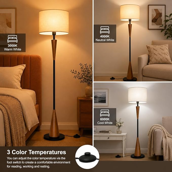 Floor Lamps for Living Room,61.5" Wood Floor Lamp,Retro Farmhouse Standing Lamp Includes 9W Bulb with 3-Color Temperature,Tall Lamp for Bedroom,Dining Room,Living Room,Corner,Brown
