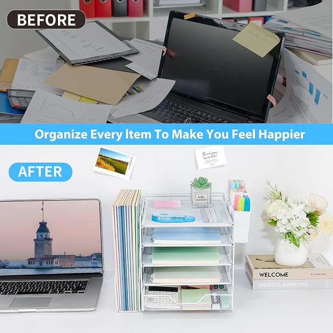 Desk Organizers and Accessories, 5-Tier Paper Letter Tray Organizer with File Holder, Drawer & Pen Holder, Office Desk Accessories, Desktop Organizer for Classroom Office Supplies, White