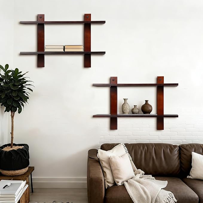 Vercraft Floating Shelves for Wall Set of 2 Long 2 Tier Wood Wall Mounted Shelves Mid Century Modern Decorative Storage Plant Photo Display for Living Room Bedroom Kitchen Office Coffee Bar Decor