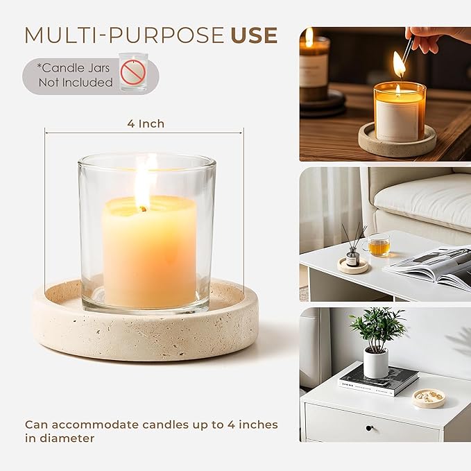 WORHE Candle Holders Italy Premium Natural Marble Candlestick Holder for Jar Pillar Candles Large Round Coaster Plate Jewelry Tray Centerpiece for Wedding Dining Table Home Decor Beige (WH063)