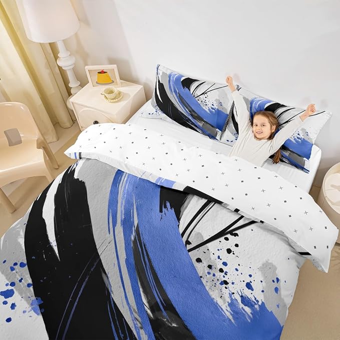 Erosebridal Black and Blue Kids Bedding | Modern Geometric Striped Duvet Cover for Boys Girls Contemporary Watercolor Graffiti Bed Set Boho Minimalist Aesthetic Art Bed Cover Queen 3 Pieces