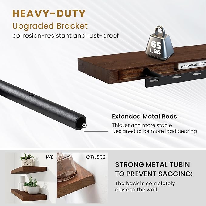RICHFOCUS Rustic Wooden Floating Shelves for Wall - 48 Inch Wood Shelves Set of 2-7.9 Inch Deep Solid Paulownia Wood Wall Mounted Shelves with Upgraded Metal Brackets for Room Decor, Mahogany