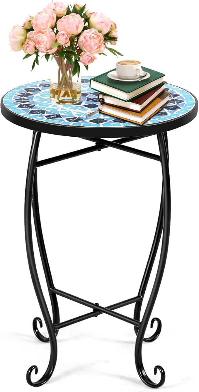 Giantex Outdoor Side Table, Mosaic Patio Table, 14inch Accent Table Plant Stand Indoor, Ceramic Tile Top Metal Frame, Small End Table Porch Beach Patio Garden Balcony Poolside