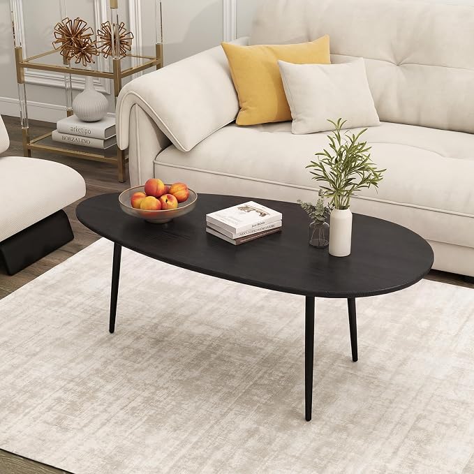 Giantex Oval Coffee Table, Mid Century Modern Center Table with Sturdy Metal Frame and Compact Design, Vintage Accent Cocktail Tea Table, Wood Living Room Tables for Small Spaces (Black)