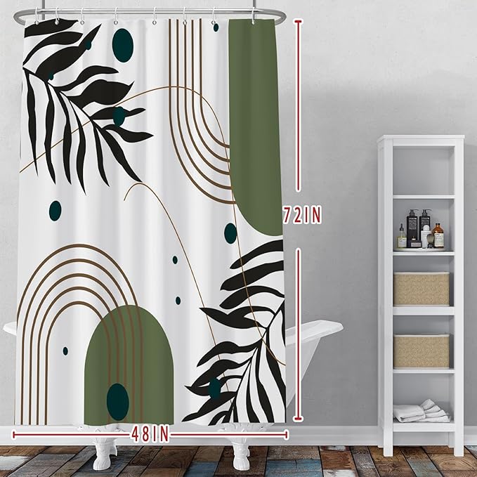 Baocicoo Mid Century Boho Shower Curtain Botanical Abstract Green Leaf Shower Curtain for Bathroom Hostel Hotel Cubicle Bathtub Decor Durable Waterproof Curtain for Bathroom with Hooks 48x72 Inches