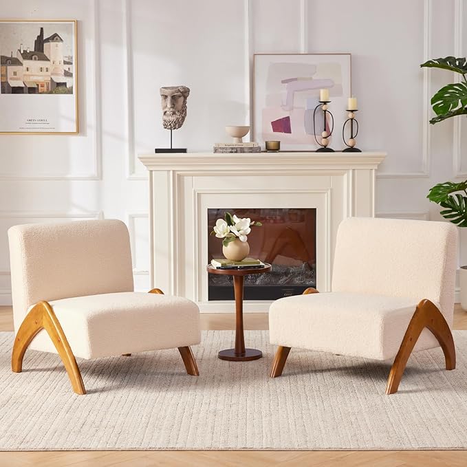 Oversized Accent Chair, upholstered armless mid Century Modern Living Room Chair with Wooden Legs for Bedroom/Office/Cafe, Sherpa Beige
