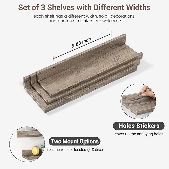 Axeman Picture Ledge Shelf | 16 Inch Grey Floating Shelves Set of 3 | Rustic Grey Wood Wall Shelves with Lip | 16" Picture Shelf for Wall with Ledge | Photo Shelves
