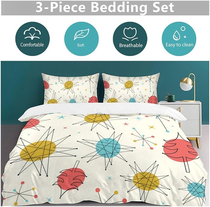 Mid Century Duvet Cover Queen Retro Atomic Bedding Set, Rainbow Grid Comforter Cover Vintage Fifties 1950s Bed Set，Abstract Art Bedding 3 Piece (1 Duvet Cover 86"x70" + 2 Pillow Sham 20"x30")