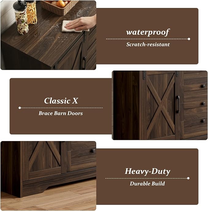 Luoxiao 55" Farmhouse Sideboard Buffet Cabinet with Storage, Sliding Barn Door Coffee Bar Cabinet with 4 Drawers and Adjustable Shelves, Wood Kitchen Credenza for Dining Room, Living Room, Dark Oak