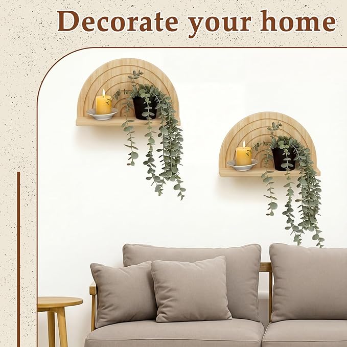 AceOrbit 2 Pcs Boho Wooden Arched Wall Shelf Mid Century Modern Shelf Hanging Plant Display Shelves Floating Half Round Rainbow Shelves for Bedroom Bathroom Hallway Balcony Decoration(Light Brown)