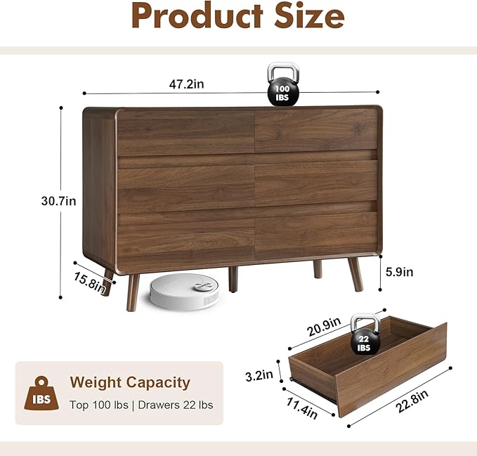Mid Century Modern Dresser for Bedroom, 47'' Wide Dressers & Chests of Drawers with 6 Storage Drawers, Dark Walnut Dresser Wood TV Stand for Living Room, Closet