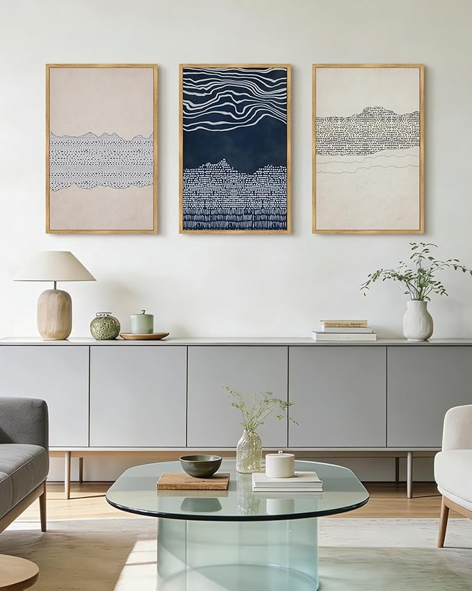 KUVIOKE Navy Blue Abstract Framed Wall Art Modern Neutral Minimalist Wooden Pastel Boho Wall Decor Farmhouse Rustic Art Painting Home Decor 24x36in (Natural Framed)