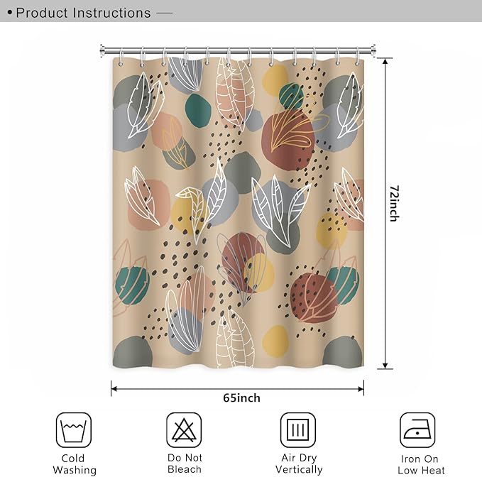 Abstract Mid Century Boho Leaves Colorful Geometric Pattern Shower Curtain, Washable Polyester Durable Fabric Aesthetics Bath Shower Curtain with Hooks, 65x72 Inch